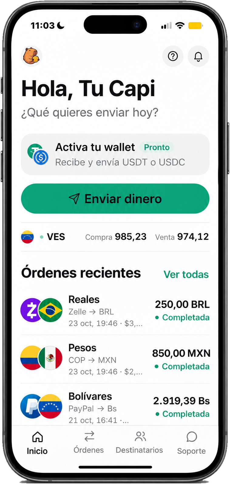 Pantalla de inicio de la app de TuCapi: enviar dinero, tasa en vivo y órdenes recientes
